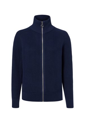 Marineblauer gestrickter Cardigan mit langen Ärmeln, hohem Kragen und silbernem durchgehendem Reißverschluss mit rundem Griff.