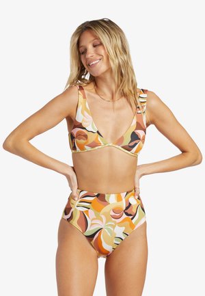 Colorful two-piece bikini featuring a floral pattern in orange, pink, green, and brown hues, with a triangular top and high-waisted bottom.