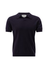 Dunkelviolettes Polo-Shirt mit kurzen Ärmeln, V-Ausschnitt und flachem Kragen. Hergestellt aus einem glatten, weichen Stoff mit taillierter Passform.
