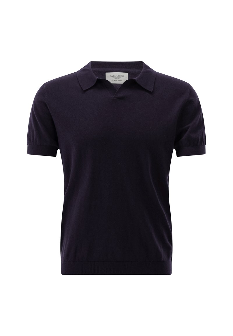 Dunkelviolettes Polo-Shirt mit kurzen Ärmeln, V-Ausschnitt und flachem Kragen. Hergestellt aus einem glatten, weichen Stoff mit taillierter Passform.