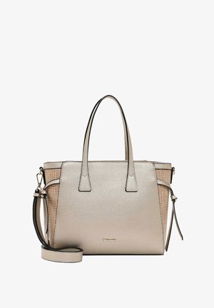 Metallic beige handbag with a textured surface, rectangular shape, dual handles, and detachable shoulder strap. Features a patterned side panel.