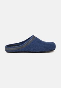 Blue felt clog with a rounded toe, gray trim along the upper edge, and a textured pattern on the trim. Flat sole for comfort.