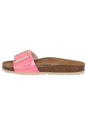 Pink slide sandal with a metallic finish, adjustable buckle, cork footbed, and textured rubber sole, showcasing a casual design.
