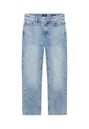 Lichtblauwe rechte spijkerbroek met voor- en achterzakken, riemlussen en een knoopsluiting in de taille.
