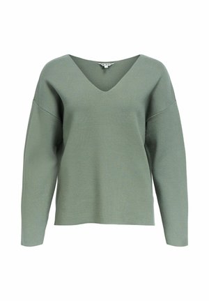 Helles Salbeigrün langärmliger V-Ausschnitt-Pullover mit herunterhängenden Schultern und lässigem Schnitt.