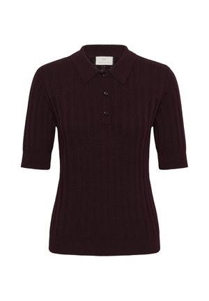 Tmavohnedé krátky rukáv pletené polo tričko s textúrovaným vertikálnym vzorom a tromi prednými gombíkmi.