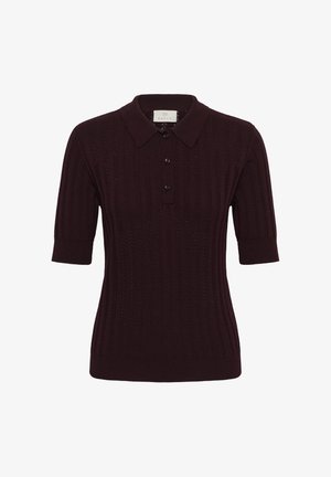 Polo a maniche corte in maglia di colore marrone scuro con motivo verticale testurizzato e tre bottoni frontali.