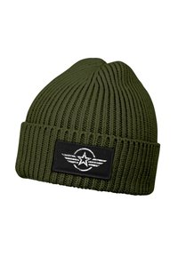 Knit beanie in olive green with a ribbed texture. Features a black patch with a white star and wing design on the front.