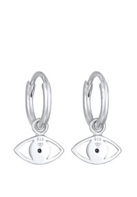Sølv hoopsøreringe med en øjeformet charm med en sort sten i midten, markeret '925'. Glat, poleret metaloverflade.