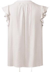 Tunic chiaro grigio con maniche corte a volant, retro plissettato e orlo con cordoncino. Tessuto liscio con una vestibilità comoda.