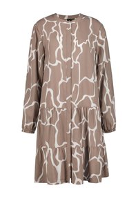 Lange mouw, knielang jurk in beige met een abstract wit patroon, voorzien van een geplooide voorkant en geraffineerde lagen aan de zoom.