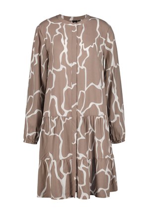 Lange mouw, knielang jurk in beige met een abstract wit patroon, voorzien van een geplooide voorkant en geraffineerde lagen aan de zoom.
