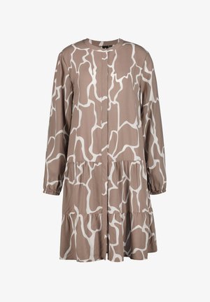 Robe à manches longues, longueur genou en beige avec un motif abstrait blanc, comportant un devant plissé et des couches froncées au niveau de l'ourlet.