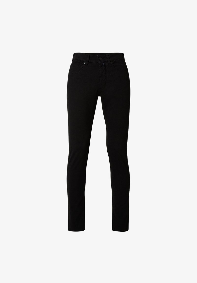 Black stretch jeans with a slim fit, featuring a mid-rise waist, classic five-pocket design, and subtle, textured fabric.