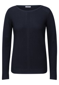 Marineblauer, langärmeliger Rippstrickpullover mit rundem Ausschnitt und strukturiertem, vertikalem Streifenmuster in der Mitte. Weiches Strickmaterial.