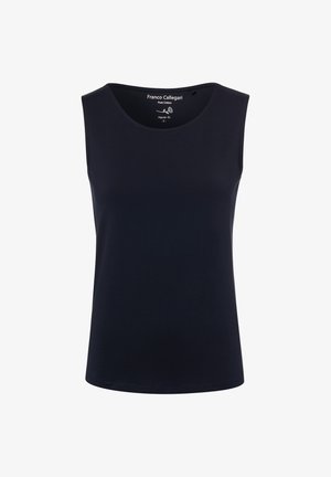 Navy blue sleeveless cotton top with a round neckline, regular fit, and solid texture. Features brand label inside the neckline.