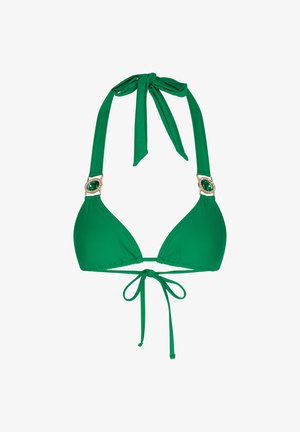 Haut de bikini triangle vert avec col halter et fermeture à nouer. Présente des accents en métal doré avec des détails en gemmes vertes sur les bretelles. Texture de tissu doux.