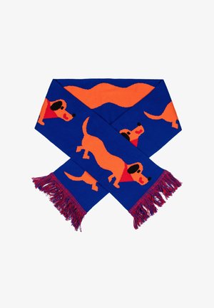 Skarpetka dzianinowa w jaskrawym niebieskim kolorze z pomarańczowymi wzorami jamników. Posiada frędzle na końcach oraz gładką fakturę na całej powierzchni.