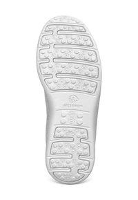 Weiße Gummisohle mit strukturierten Mustern für besseren Halt, mit sechseckigen und kreisförmigen Erhebungen, versehen mit der Marke "Giesswein" und der Größe 38.