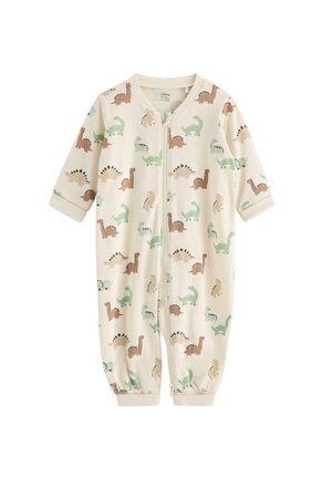 Barboteuse bébé couleur crème avec motifs dinosaures marron, vert et beige, manches longues, fermeture éclair à l'avant et poignets élastiques aux chevilles et aux poignets.
