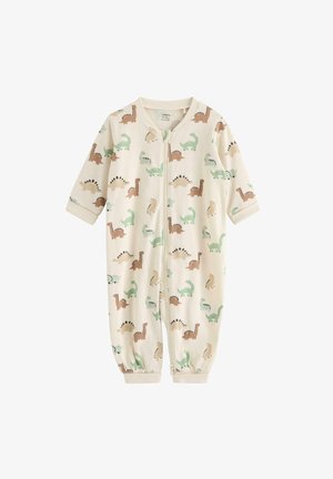 Barboteuse bébé couleur crème avec motifs dinosaures marron, vert et beige, manches longues, fermeture éclair à l'avant et poignets élastiques aux chevilles et aux poignets.