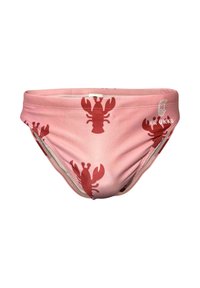 Różowe kąpielówki męskie z wzorem czerwonych homarów, posiadające elastyczny pas, gładką fakturę oraz logo nadrukowane z boku.