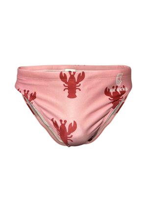 Roze zwembroek met rood kreeftenpatroon, voorzien van een elastische tailleband, gladde textuur en een logo dat op de zijkant is gedrukt.