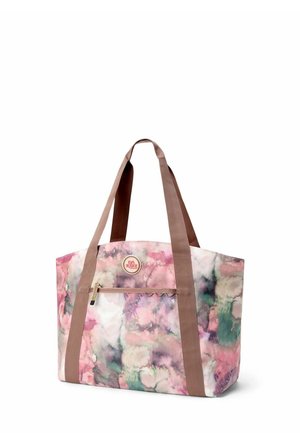 Grote tote bag met een aquarelpatroon in roze, groen en crèmekleur. Voorzien van twee bruine banden en een voorzak met ritssluiting met logo detail.