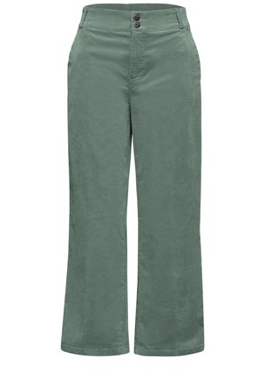 Groen, rechtgesneden broek met hoge taille, voorzakken en twee knopen aan de tailleband.
