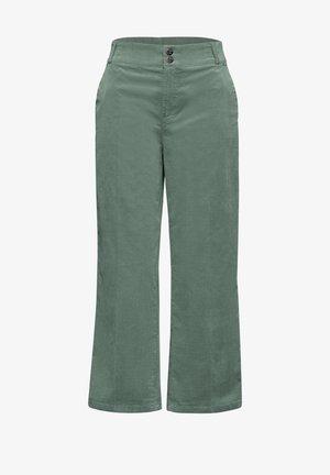 Pantalones verdes de talle alto y pierna recta con bolsillos delanteros y dos botones en la cintura.