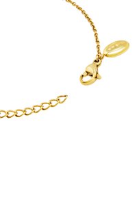Collar de cadena de oro con eslabones entrelazados, que presenta un cierre de langosta y una etiqueta con el nombre de la marca grabado. Textura suave y brillante.