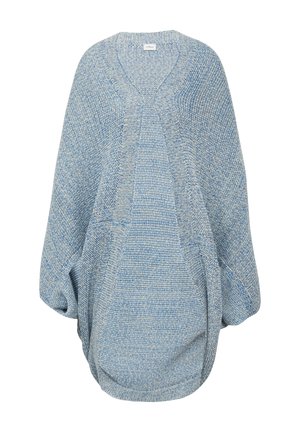 Blaues gestricktes Poncho mit lockerer Passform, V-Ausschnitt und strukturiertem Stoff. Hat weite Ärmel und eine subtile Mischung aus hellen und dunklen Blautönen.