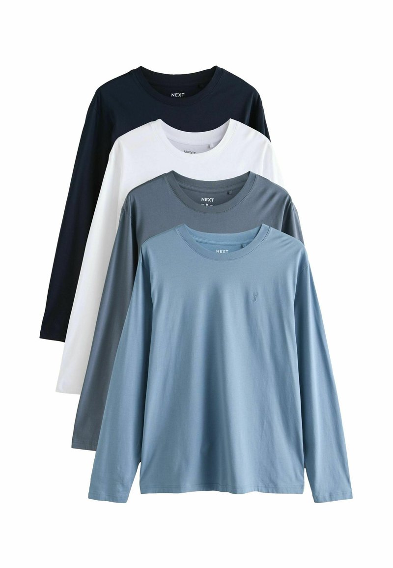 Long-sleeve T-shirts in navy, white, dark grey, and light blue. Soft cotton material, round necklines, and minimal branding on the chest.