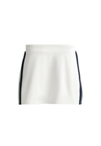 White skirt featuring a fitted waistband, minor pleats, and navy side stripes. Made from a smooth fabric with a sleek, minimal design.