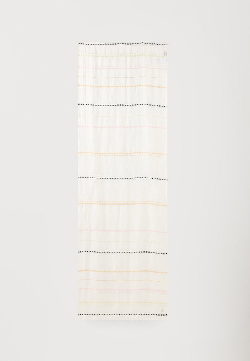 Tissu rectangulaire blanc avec fines rayures horizontales en noir, orange, rose et vert clair, présenté à plat sur fond blanc.