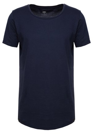 Granatowy, bawełniany t-shirt z krótkim rękawem, okrągłym dekoltem i metką marki Lee na kołnierzu, rozmiar średni.