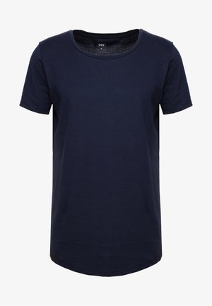 T-shirt en coton bleu marine à manches courtes avec un col rond et une étiquette de la marque Lee au niveau du col, taille moyenne.