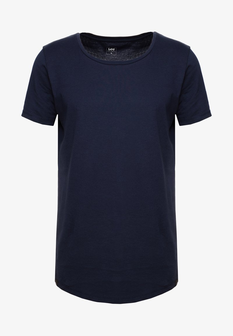T-shirt en coton bleu marine à manches courtes avec un col rond et une étiquette de la marque Lee au niveau du col, taille moyenne.