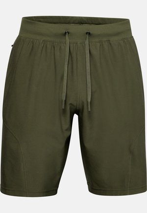 Olivgrüne Herren-Shorts mit elastischem Bund und Kordelzug, knielang mit dezenten Nahtdetails an beiden Beinen.