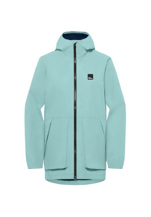 Hellenblauer wasserdichter Jacke mit einem Reißverschluss auf der Vorderseite, verstellbare Kapuze, zwei großen Taschen und einem kleinen Logo-Patch auf der oberen linken Brust.