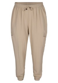 Béžové lehké joggingové kalhoty s elastickým pasem, stahovací šňůrkou a postranními kapsami. Zúžené nohavice s elastickými manžetami. Hladká textura.