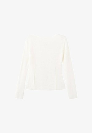 White long-sleeve top with a round neckline, textured fabric, and two front seams. Fitted design with a subtle shape enhancing detail.