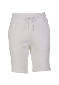 Shorts en coton blanc avec taille à cordon de serrage, présentant une texture lisse et des poignets ourlés, conçus pour un usage décontracté.