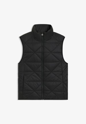 Black insulated vest with a high collar, featuring a triangular quilted pattern and a front zipper. No sleeves, lightweight material.
