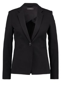 Svart skräddarsydd kavaj, enkel knappstängning, slagkrage, långa ärmar, sidofickor, tillverkad av ett mjukt tyg med en strukturerad passform.