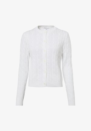 Witte kabelgebreide cardigan met lange mouwen, ronde hals en sluiting met knopen aan de voorkant. Geribbelde zoom en manchetten met een subtiele textuur overal.