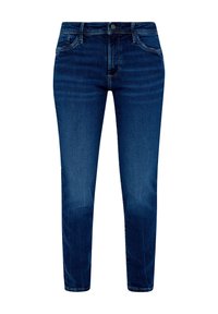 Jean en denim bleu foncé à coupe ajustée, doté de cinq poches, d'une fermeture à bouton et à glissière à l'avant, avec un léger effet délavé sur les cuisses.