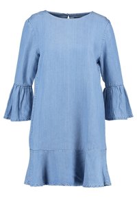 Vaaleansininen chambray-mekko, jossa on pyöreä kaula-aukko, kolme neljännesosaa levenevät hihat ja röyhelöhelma. Takana napitus.