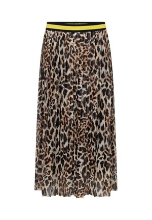 Plissé midi-rok met luipaardprint en een elastische tailleband met gele en zwarte strepen.