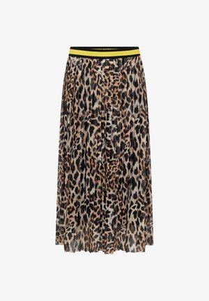 Plissé midi-rok met luipaardprint en een elastische tailleband met gele en zwarte strepen.